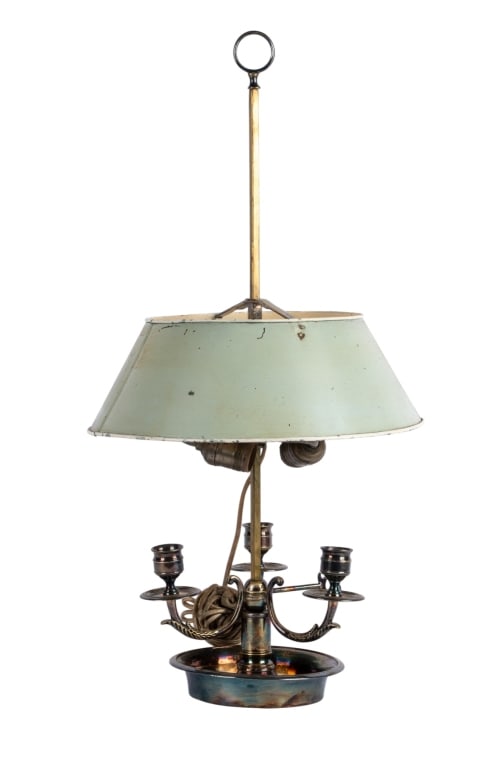 FRENCH STYLE BOUILLOTTE TABLE LAMP: French style bouillotte table lamp. Approximate dimensions: h. 24", dia. 12" Disclaimer: Participating bidders must have a credit card on file with LiveAuctioneers in order for their bidding
