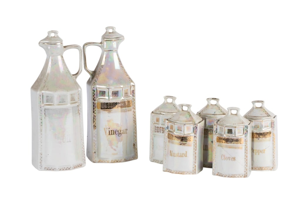 7-PIECE VINTAGE LUSTERWARE STORAGE SET: 7-piece vintage lusterware storage set. Approximate dimensions: Disclaimer: Participating bidders must have a credit card on file with LiveAuctioneers in order for their bidding registration to be app