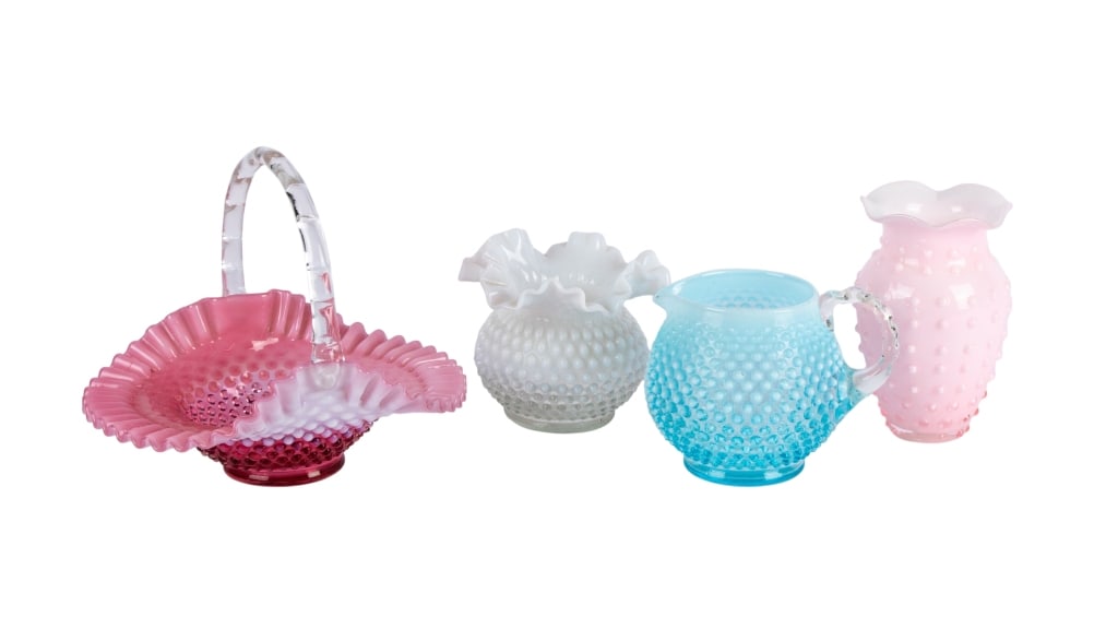 COLLECTION OF 4 OPALESCENT HOBNAIL GLASS ITEMS: Collection of 4 opalescent hobnail glass items. Approximate dimensions: Disclaimer: Participating bidders must have a credit card on file with LiveAuctioneers in order for their bidding registration