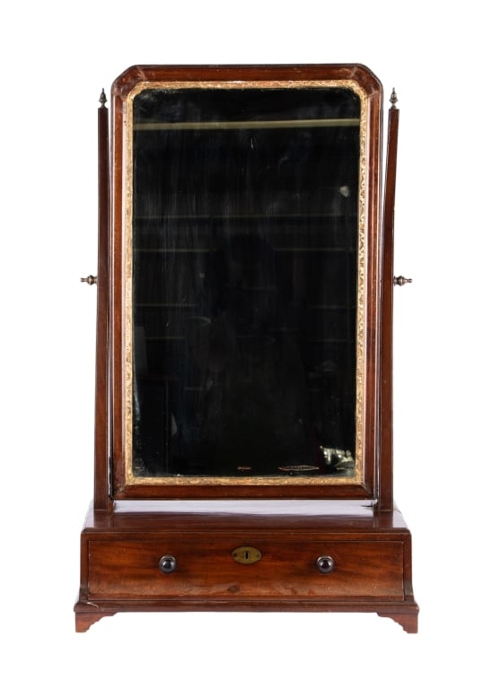 FEDERAL STYLE MAHOGANY DRESSING MIRROR: Federal style mahogany dressing mirror with brass finials and one drawer. Approximate dimensions: h. 32", w. 19", d. 11" Disclaimer: Participating bidders must have a credit card on file with