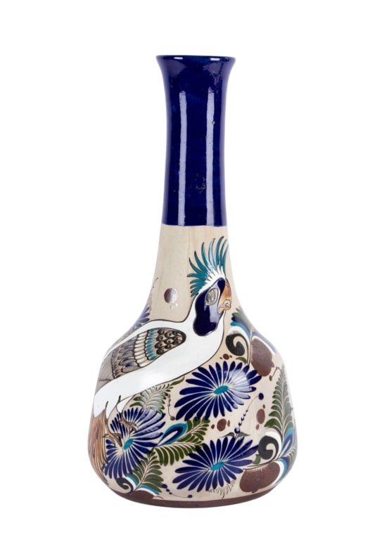 LARGE MEXICAN HAND-PAINTED CERAMIC VASE: Large Mexican hand-painted ceramic vase. Approximate dimensions: h. 18", dia. 8" Disclaimer: Participating bidders must have a credit card on file with LiveAuctioneers in order for their bidding
