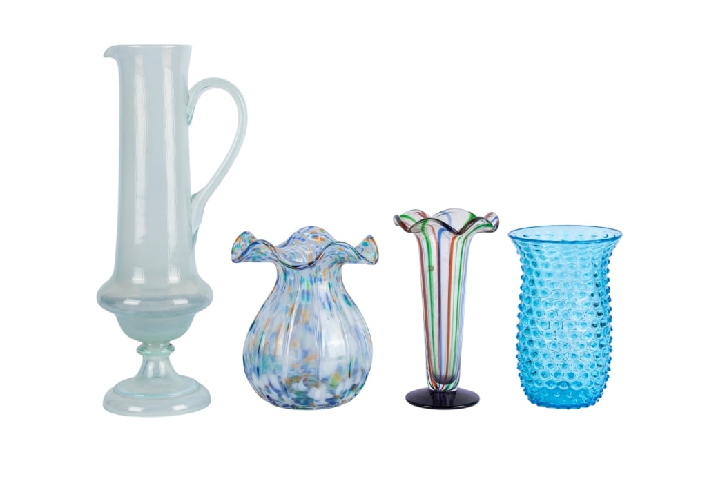 COLLECTION OF 4 MID-CENTURY GLASS ITEMS: Collection of 4 Mid-Century glass items. Approximate dimensions: h. 16" Disclaimer: Participating bidders must have a credit card on file with LiveAuctioneers in order for their bidding registration