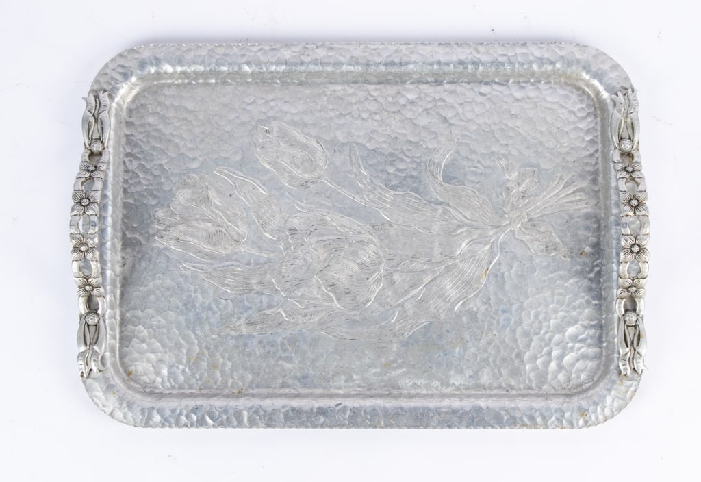 THREE ART NOUVEAU STYLE PEWTER FLORAL TRAYS - 2