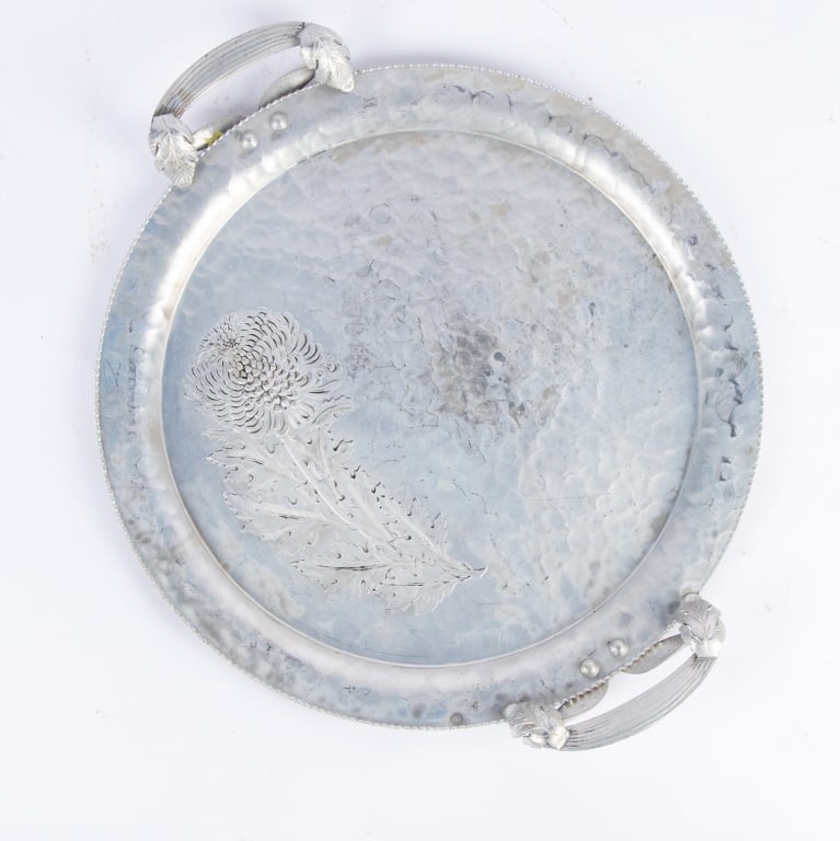 THREE ART NOUVEAU STYLE PEWTER FLORAL TRAYS - 4