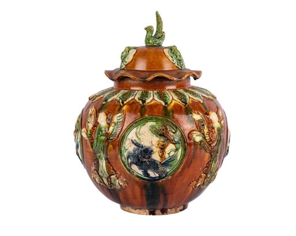 VINTAGE SANCAI LIDDED VASE: Vintage Sancai lidded vase. Approximate dimensions: h. 13", dia. 10" Disclaimer: Participating bidders must have a credit card on file with LiveAuctioneers in order for their bidding registration to b
