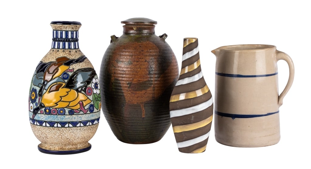 FOUR MID-CENTURY POTTERY ITEMS: Four Mid-Century pottery items. Approximate dimensions: h. 12", dia. 6" Disclaimer: Participating bidders must have a credit card on file with LiveAuctioneers in order for their bidding registration