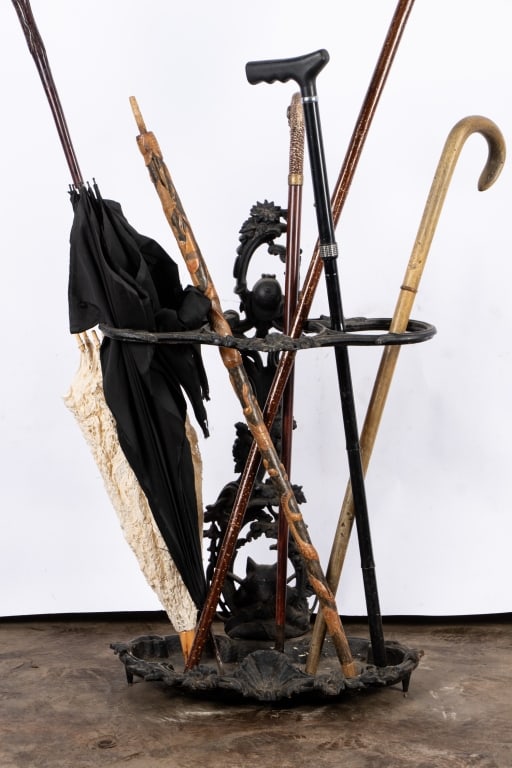 VINTAGE UMBRELLA STAND WITH UMBRELLAS & CANES - 2