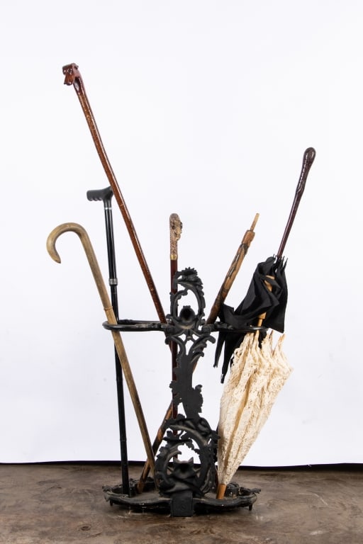 VINTAGE UMBRELLA STAND WITH UMBRELLAS & CANES - 6