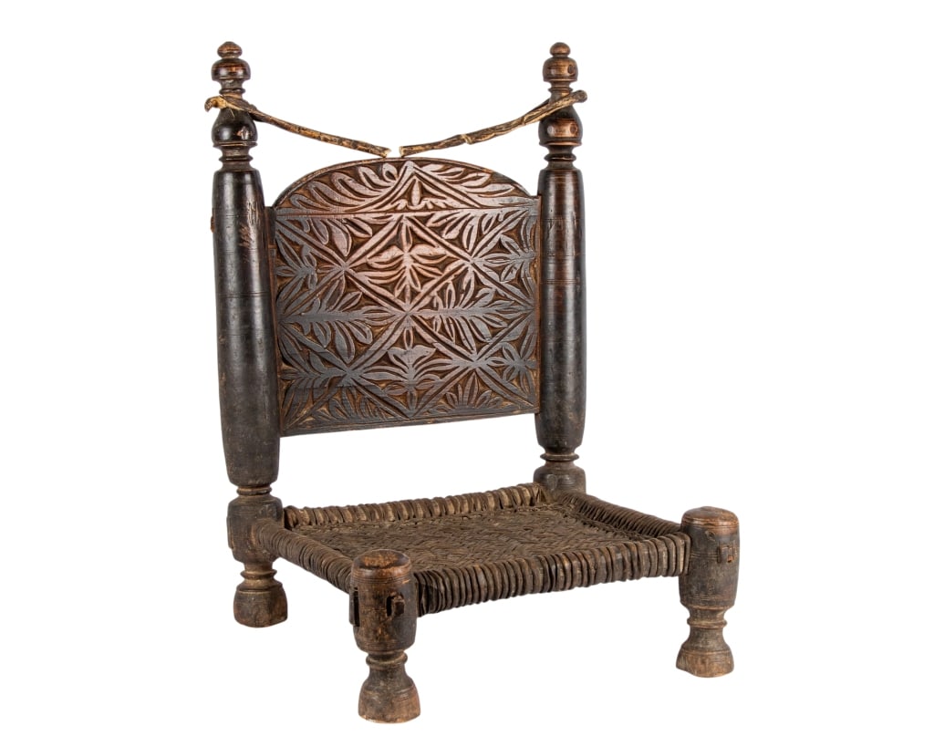 ANTIQUE SWAT VALLEY LOW CHAIR: Antique Swat Valley low chair. Approximate dimensions: h. 27", w. 18", d. 17" Disclaimer: Participating bidders must have a credit card on file with LiveAuctioneers in order for their bidding