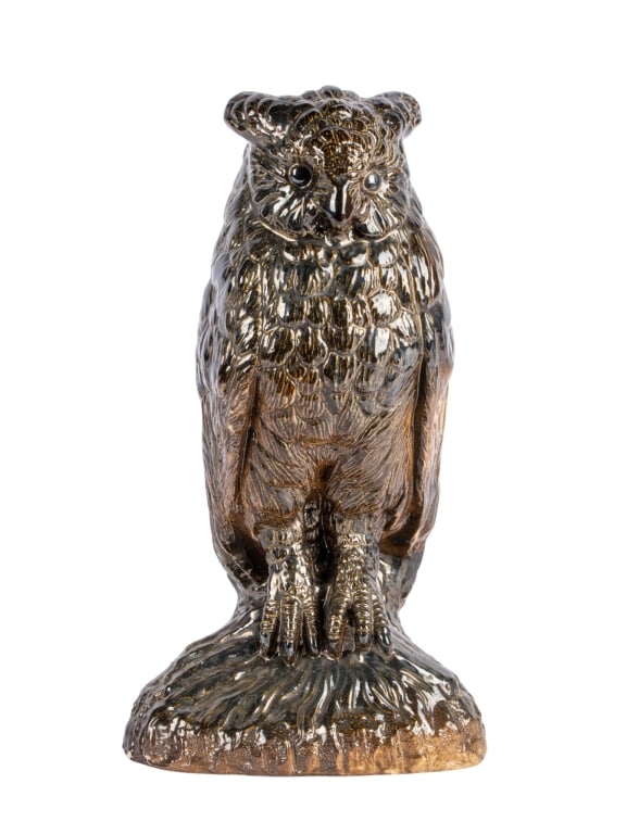 VINTAGE CERAMIC OWL SCULPTURE: Vintage ceramic owl sculpture. Marked to underside. Approximate dimensions: h. 16", w. 9", d. 6" Disclaimer: Participating bidders must have a credit card on file with LiveAuctioneers in order for
