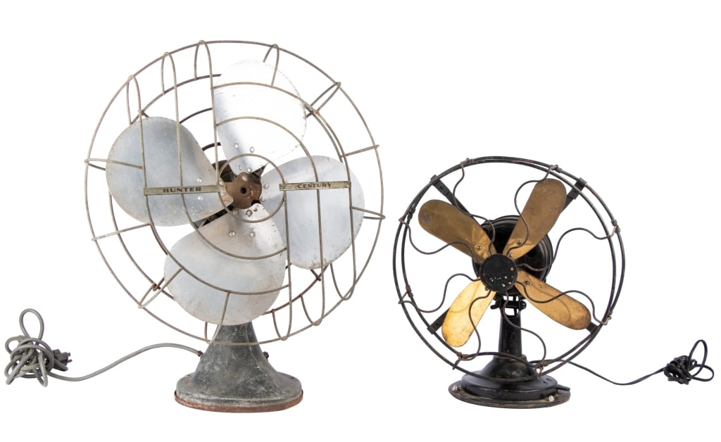 TWO VINTAGE ELECTRIC TABLE FANS: Two vintage electric table fans, one unmarked and one Hunter Century. Approximate dimensions: h. 22", w. 20", d. 11" Disclaimer: Participating bidders must have a credit card on file with