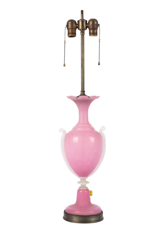VINTAGE PINK & WHITE OPALINE TABLE LAMP: Vintage pink and white opaline table lamp with etched vine design. Approximate dimensions: h. 30.5", w. 7" Disclaimer: Participating bidders must have a credit card on file with LiveAuctioneers in ord
