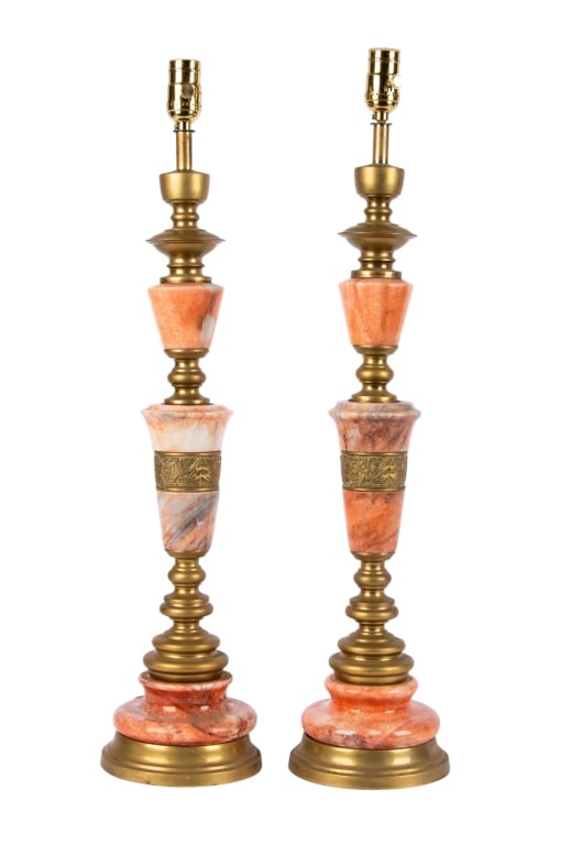 HOLLYWOOD REGENCY PINK MARBLE & BRASS TABLE LAMPS (1 of 7)