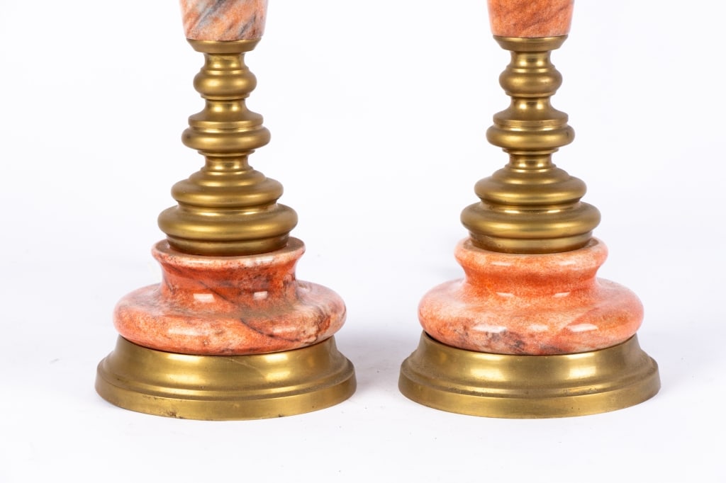 HOLLYWOOD REGENCY PINK MARBLE & BRASS TABLE LAMPS - 2