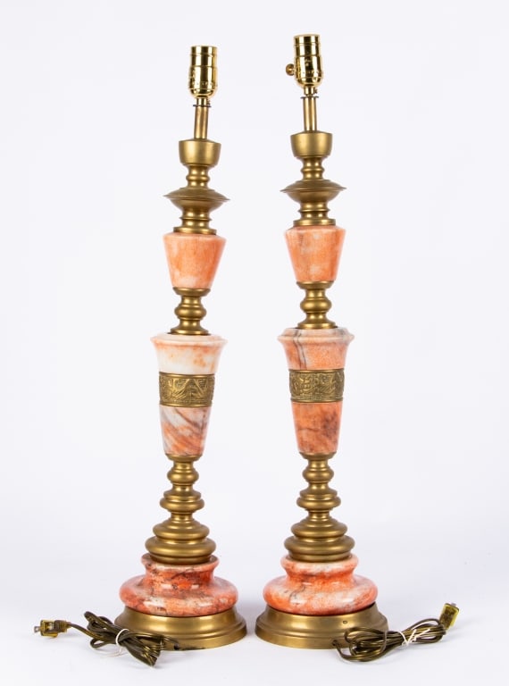 HOLLYWOOD REGENCY PINK MARBLE & BRASS TABLE LAMPS - 5