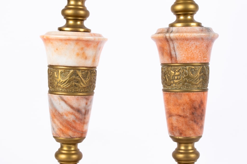 HOLLYWOOD REGENCY PINK MARBLE & BRASS TABLE LAMPS - 6
