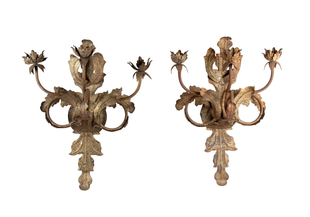 PAIR OF 20TH CENTURY ITALIAN WALL SCONCES: Pair of 20th century Italian wall sconces. Approximate dimensions: h. 29", w. 21", d. 11" Disclaimer: Participating bidders must have a credit card on file with LiveAuctioneers in order for their