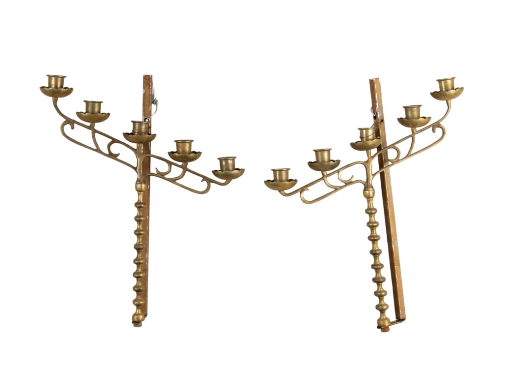 PAIR OF 20TH CENTURY BRASS WALL SCONCES: Pair of 20th century brass wall sconces. Approximate dimensions: h. 16", w. 13, d. Disclaimer: Participating bidders must have a credit card on file with LiveAuctioneers in order for their bidding
