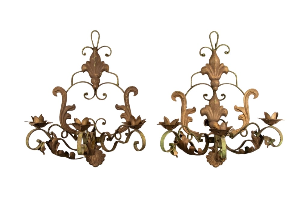 PAIR OF FLEUR DE LIS METAL WALL SCONCES: Pair of Fleur de Lis metal wall sconces. Approximate dimensions: h. 22", w. 18", d. 13" Disclaimer: Participating bidders must have a credit card on file with LiveAuctioneers in order for their