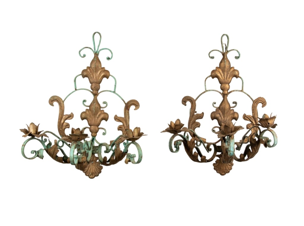 PAIR OF FLEUR DE LIS METAL WALL SCONCES: Pair of Fleur de Lis metal wall sconces. Approximate dimensions: h. 22", w. 18", d. 13" Disclaimer: Participating bidders must have a credit card on file with LiveAuctioneers in order for their