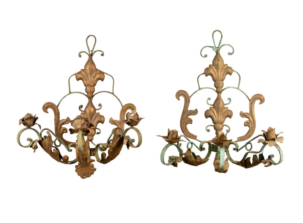 PAIR OF FLEUR DE LIS METAL WALL SCONCES: Pair of Fleur de Lis metal wall sconces. Approximate dimensions: h. 22", w. 18", d. 13" Disclaimer: Participating bidders must have a credit card on file with LiveAuctioneers in order for their