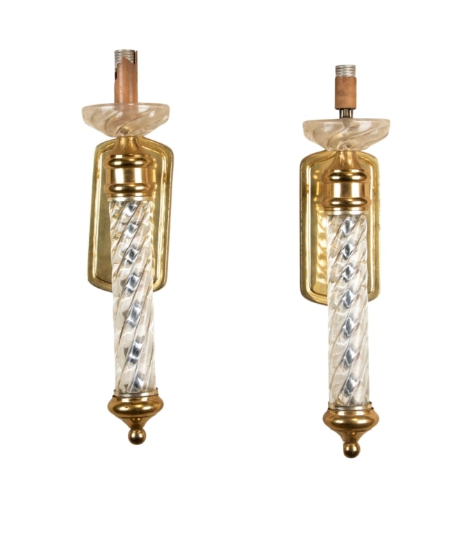 PAIR OF HOLLYWOOD REGENCY WALL LIGHT FIXTURES: Pair of Hollywood Regency wall light fixtures. Approximate dimensions: h. 21", w. 4", d. 7" Disclaimer: Participating bidders must have a credit card on file with LiveAuctioneers in order for their bi