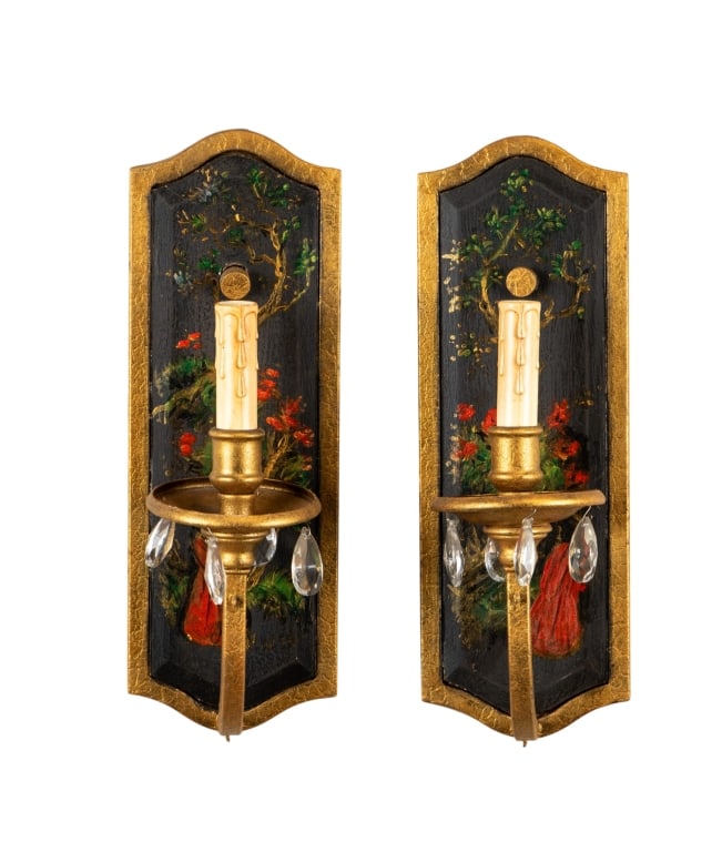 PAIR OF HAND-PAINTED METAL WALL SCONCES: Pair of hand-painted metal wall sconces with four crystal teardrops. Approximate dimensions: h. 14", w. 5", d. 4.5" Disclaimer: Participating bidders must have a credit card on file with