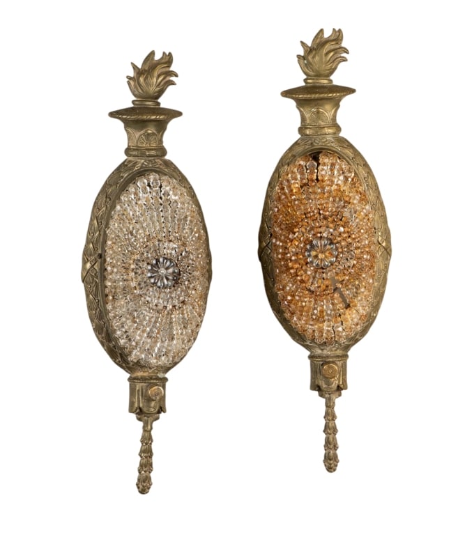 PAIR OF FRENCH STYLE FLAME WALL SCONCES: Pair of French style flame wall sconces. Approximate dimensions: h. 17", w. 5", d. 4" Disclaimer: Participating bidders must have a credit card on file with LiveAuctioneers in order for their bidding