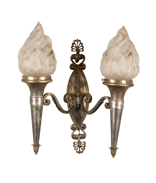 ART DECO STYLE TORCH WALL SCONCE: Art Deco style torch wall sconce. Approximate dimensions: h. 16", w. 14", d. 10" Disclaimer: Participating bidders must have a credit card on file with LiveAuctioneers in order for their bidding
