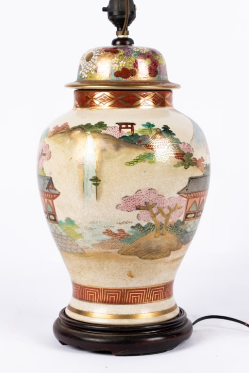 JAPANESE SATSUMA GINGER JAR MOUNTED AS LAMP - 7