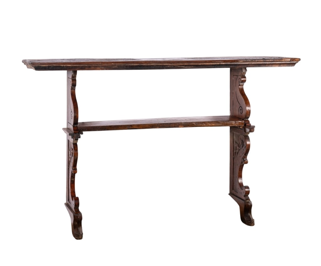 ITALIAN RENAISSANCE STYLE CONSOLE TABLE: Italian Renaissance style console table with carved sides and floral carved accents. Approximate dimensions: h. 52", w. 81", d. 21.5" Disclaimer: Participating bidders must have a credit card on file 