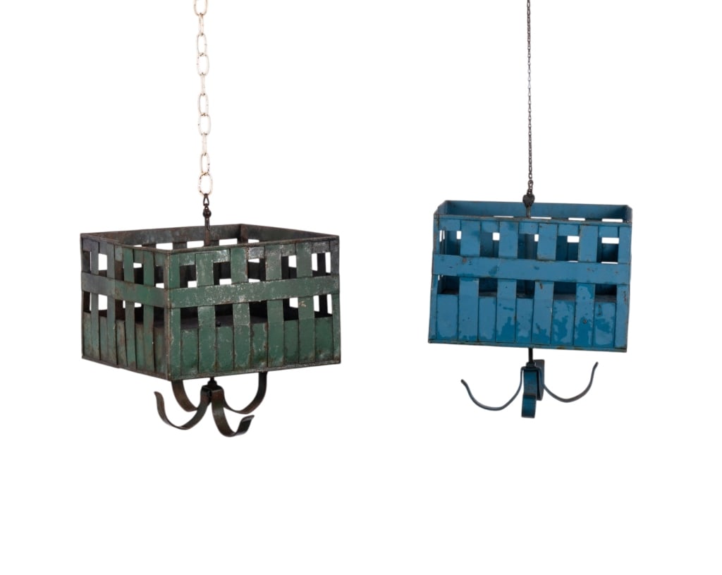 PAIR OF ITALIAN IRON HANGING PLANTERS: Italian, 20th century. Pair of iron hanging planters, one blue and one green, each with four hooks. Approximate dimensions: h. 14", w. 12.5", d. 12.5" Disclaimer: Participating bidders must have a