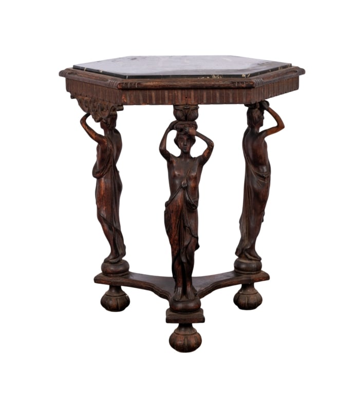 19TH C. ITALIAN FIGURAL ACCENT TABLE: Italian, 19th century. Figural accent table with marble top, three carved wood female figures, and bun feet. Approximate dimensions: h. 29", w. 27", d. 27" Disclaimer: Participating bidders must have