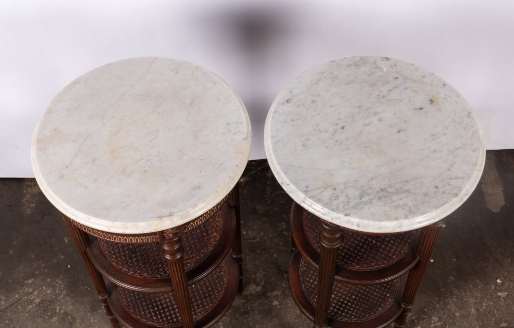 PAIR OF TWO-TIER MARBLE TOP LAMP TABLES - 2