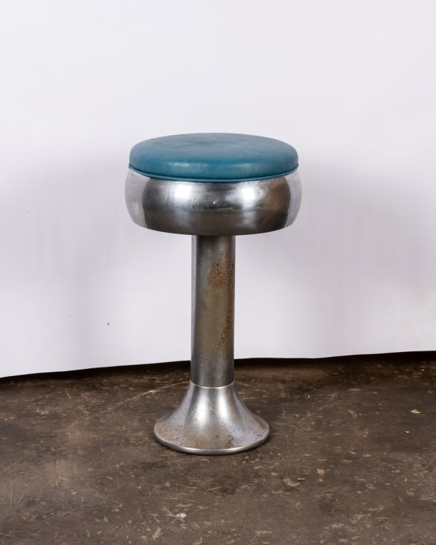 SET OF 7 BLUE & CHROME DINER BAR STOOLS - 2