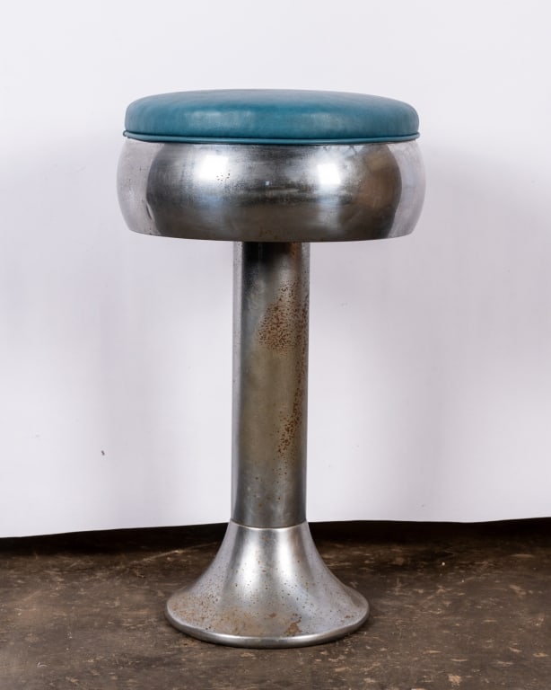 SET OF 7 BLUE & CHROME DINER BAR STOOLS - 3