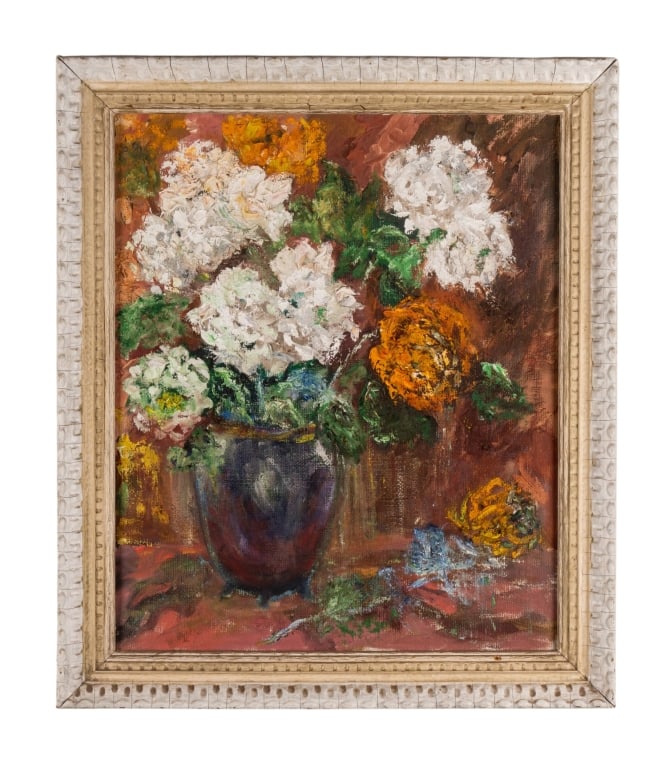 FLORAL STILL LIFE, OIL ON CANVAS: Floral still life. Untitled - oil on canvas, apparently unsigned. Approximate dimensions: h. 28.75", w. 24", d. 2" Disclaimer: Participating bidders must have a credit card on file with