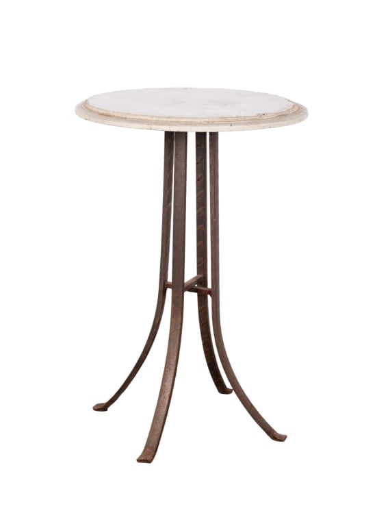 CONCRETE & WROUGHT IRON ACCENT TABLE: Concrete & wrought iron accent table with rough concrete top. Approximate dimensions: h. 33", dia. 22.5" Disclaimer: Participating bidders must have a credit card on file with LiveAuctioneers in order