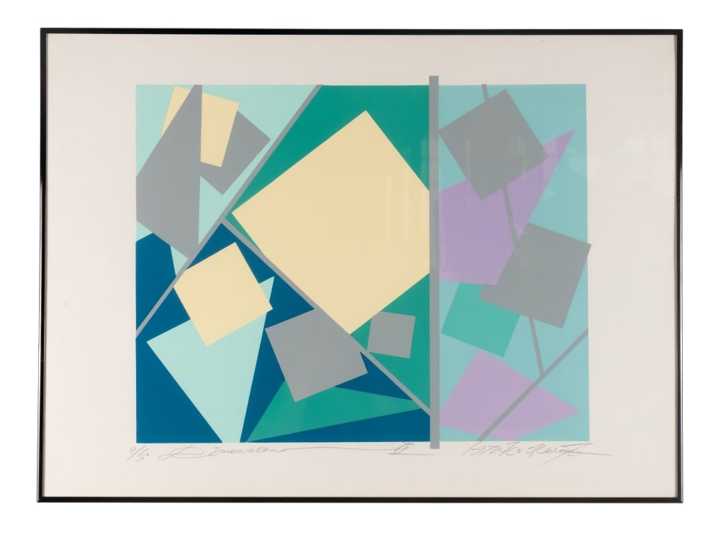 ATSUKO OKAMOTO SERIGRAPH: Atsuko Okamoto serigraph with signed to LR, framed, oil on canvas. Approximate dimensions: h. 29", w. 24.5", d. 2.5" Disclaimer: Participating bidders must have a credit card on file with