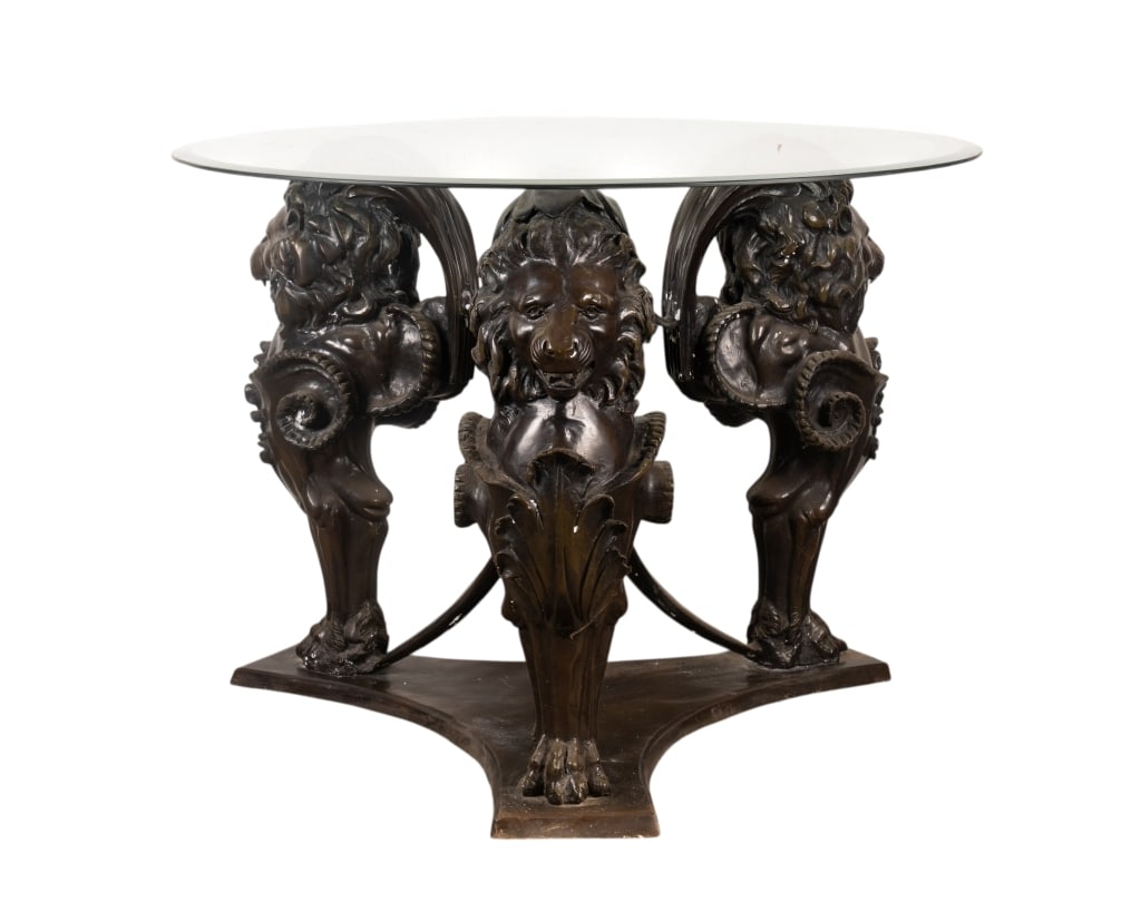 NEOCLASSICAL STYLE LION BRONZE CENTER TABLE: Neoclassical Style lion bronze center table with A.J. Rock construction, patinated bronze, signed in casting on base. Approximate dimensions: h. 31", w. 42", d. 42" Disclaimer: Participating bidders