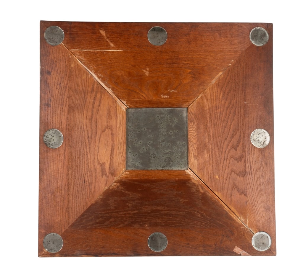 MARIE GUERIN SYCAMORE WALL MIRROR: Marie Guerin sycamore wall mirror with circular accents. Approximate dimensions: h. 31.25", w. 31.25", d. 2" Disclaimer: Participating bidders must have a credit card on file with LiveAuctioneers in