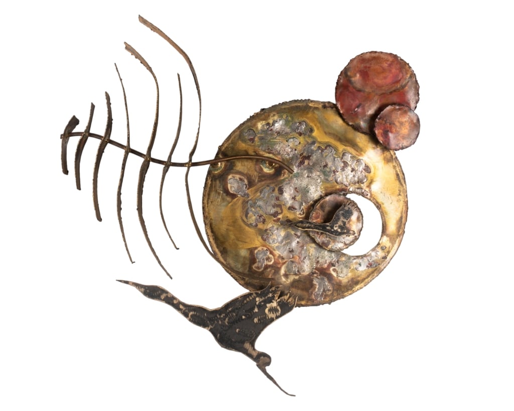MCM BRUTALIST COPPER WALL SCULPTURE: MCM brutalist mixed metal wall sculpture. Approximate dimensions: h. 45", w. 43" ,d. 7" Disclaimer: Participating bidders must have a credit card on file with LiveAuctioneers in order for their