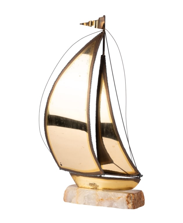 MCM DEMOTT BRASS SHIP SCULPTURE: MCM brass ship sculpture by DeMott mounted on marble base. Approximate dimensions: h. 17", w. 10.5", d. 6" Disclaimer: Participating bidders must have a credit card on file with LiveAuctioneers in