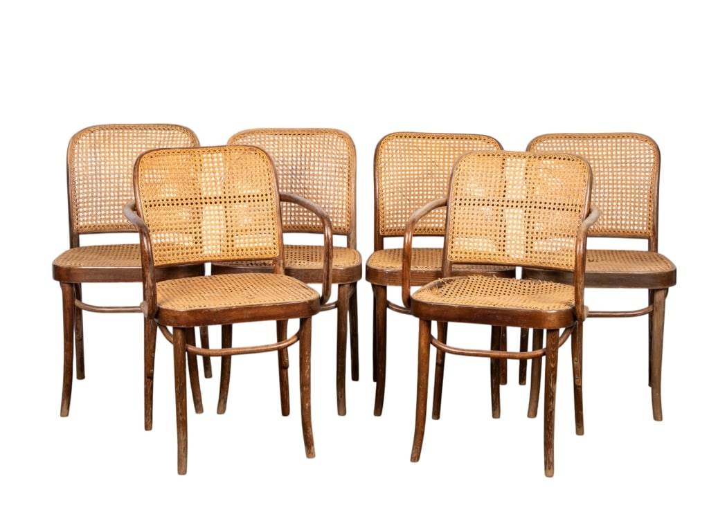 SET OF 6 JOSEF HOFFMANN STYLE DINING CHAIRS: 4 chairs, 2 armchairs Approximate dimensions: h. 31.5", w. 24", d. 15.5" Disclaimer: Participating bidders must have a credit card on file with LiveAuctioneers in order for their bidding registration