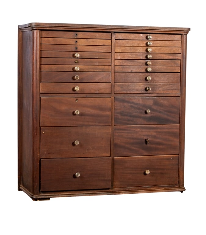 EARLY 20TH C. MAHOGANY DENTAL CABINET: Approximate dimensions: h. 40.5", w. 40", d. 14" Disclaimer: Participating bidders must have a credit card on file with LiveAuctioneers in order for their bidding registration to be approved. Credit