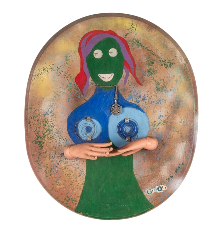 FOLK ART SCULPTURE BY GREGG: Gregg (Contemporary). Untitled - folk art sculpture. mixed media on wood, signed to LR. Approximate dimensions: h. 25", w. 21", d. 7" Disclaimer: Participating bidders must have a credit card on file 