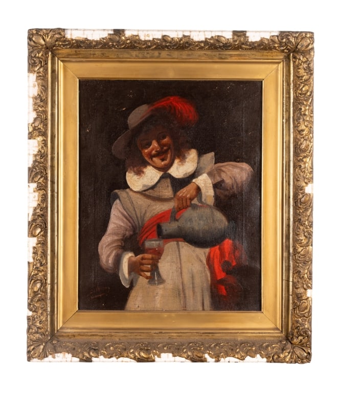 SILENCI, PORTRAIT OF MUSKETEER, OIL ON CANVAS: Silenci. Untitled - oil on canvas, signed to LL, framed. Approximate dimensions: h. 28", w. 24" Disclaimer: Participating bidders must have a credit card on file with LiveAuctioneers in order for