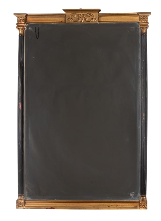 NEOCLASSICAL STYLE WALL MIRROR: Neoclassical style wall mirror with beveled mirror plate and black side columns. Approximate dimensions: h. 39.5", w. 27.5", d. 3" Disclaimer: Participating bidders must have a credit card on file