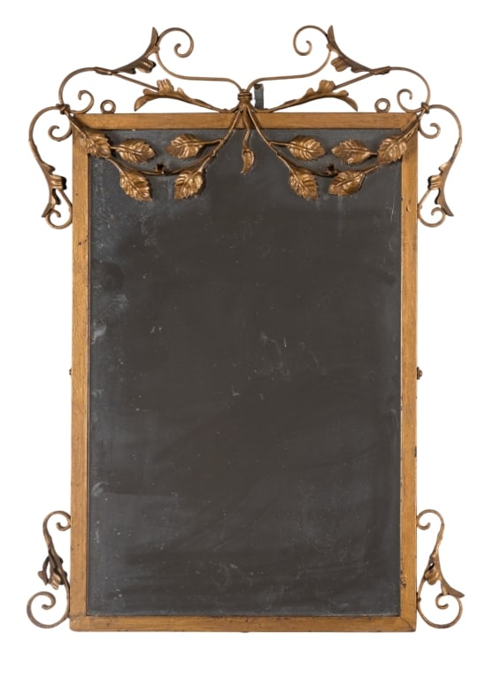 FRENCH GILT METAL LEAF ACCENT WALL MIRROR: French gilt metal leaf accent wall mirror with foliate decoration. Approximate dimensions: h. 29", w. 21", d. 3.5" Disclaimer: Participating bidders must have a credit card on file with LiveAuctioneer