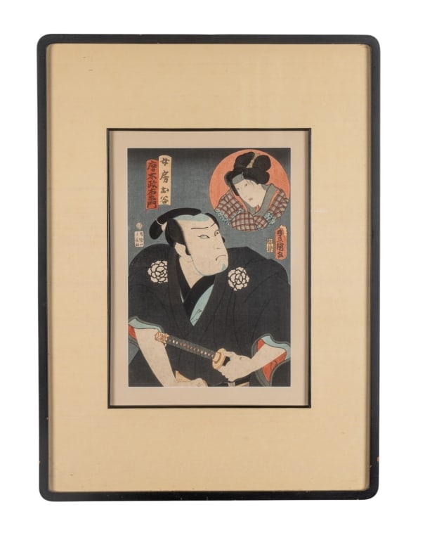 KUNISADA UTAGAWA JAPANESE WOODBLOCK: Kunisada Utagawa (Japanese, active 1786?1865). Untitled - woodblock print depicting a pair of Kabuki actors, presented in a black wooden frame under a cream silk mat behind glass. Approximate